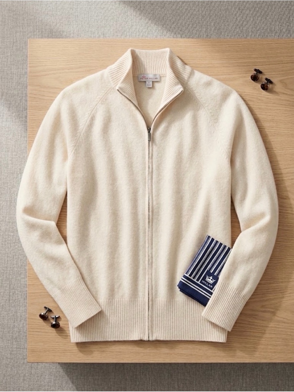 Peter Millar 100% Pure Cashmere Full Zip Sweater Cream Creamy White XL